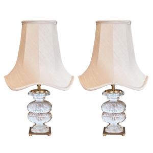 Pair Of Maison Baguès Glass Table Lamps With Urns, Made In The 1950s