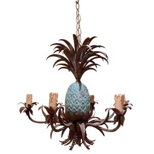 French 1950s Verdigris Pineapple Chandelier With Six Arms