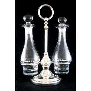 Christofle – Oil Cruet And Its Carafes In Silver-plated Metal And Crystal, Louis XVI Style