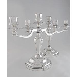 France - Pair Of Louis XV Style Candelabra In Silver Plated Metal