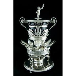 Empire Period Silver Confiturier And Its 12 Spoons By Léonard Chatenet, Coq Hallmark