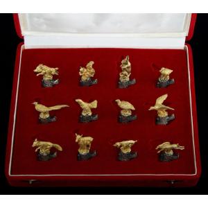 Suite Of 12 Solid Silver And Vermeil Hunting Name Tags, Florence 20th Century