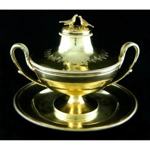 Paris 1798-1809 - Empire Vermeil Bouillon Or Drageoir By L.j. Berger, 1st Rooster Mark