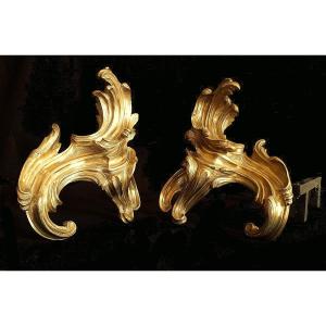 Andirons Louis XV 18th Century Gilt Bronze H. 28 Cm, L. 35 Cm, D. 27 Cm