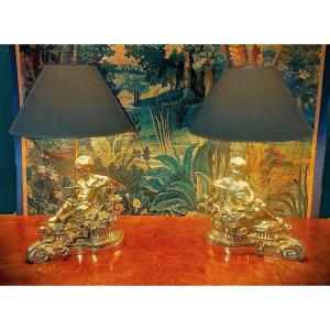 Pair Lamps Louis XVI Fireplace Easels H. 43 Cm (with Lampshade), L. 32 Cm, D. 18 Cm