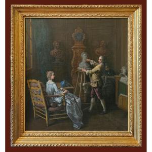 étienne Jeaurat (paris 1699-1789 Versailles) In The Sculptor's Workshop Signed And Dated 1764