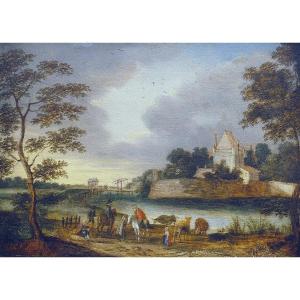 Mattheus Molanus 1590-1645 Attr. River Landscape With Figures H. 25 Cm, Br. 34 Cm