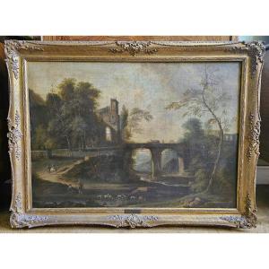 Jan Van Huijsum (huysum) 1682-1742 Attr. River Landscape With Figures 