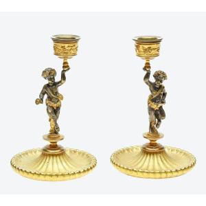 Candlesticks With Dancing Satyrs Empire Circa 1810 H. 17 Cm, D. 11 Cm 