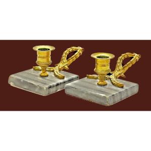 Pair Of Empire Candlesticks, Circa 1820, H. 7 Cm, 14 Cm X 9 Cm 