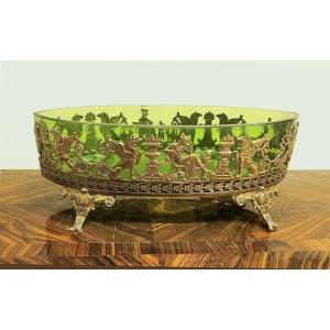 Empire Style Glass Bowl, Circa 1820. Green Glass With Openwork And Gilt Mount. Length: 22 Cm