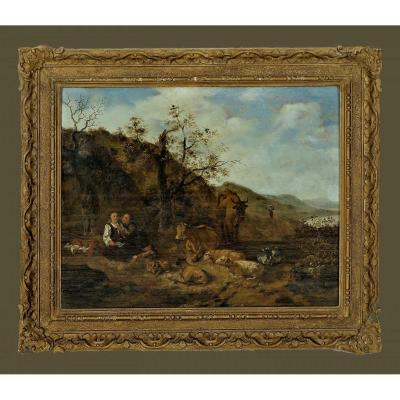 Hendrick Mommers 1623-1693 Pastoral Landscape With Shepherds Oil On Panel
