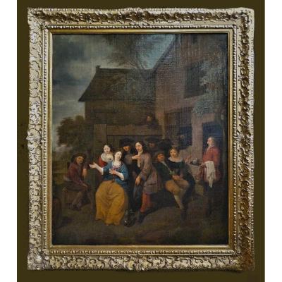 Theodorus Netscher 1661-1728 Before The Tavern Oil On Canvas Monogram And Date