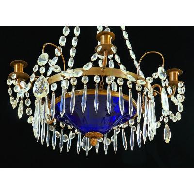 Empire Chandelier Cobalt Glass 19th Century H. 65 Cm, D. 45 Cm
