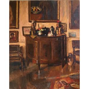 Cloth. Interior By Painter Jean Colin. (1881-1961). Belgian School.