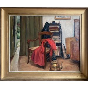 The Red Dress. Oil On Canvas. Sign . Twentieth Century.