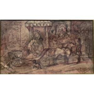 Heading Out For An Evening On The Town. Pen And Wash Attributed To Constantin Guys.