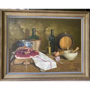 Still Life With Ham. Signature To Be Identified. Twentieth Century.