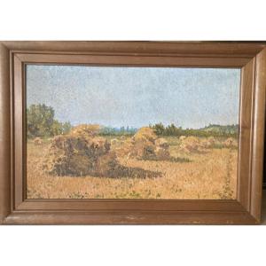 Hay. Oil On Panel. Pointillist School Signed By Louis Bougues And Dated 1926.