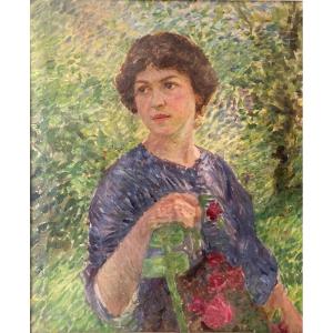 Portrait Of A Young Woman Woman In A Garden. Pointillist School Of The Beginning Of The 20th Century.