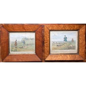 Pair Of Watercolors. Hunting Scenes Dated 1827 And Signed H. Alken. (1774-1850). British.