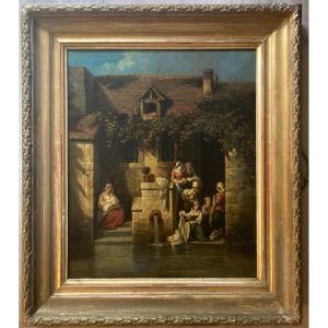 The Washerwomen. 19th Century Canvas. Signed Lower Right V.colson. To Be Identified.