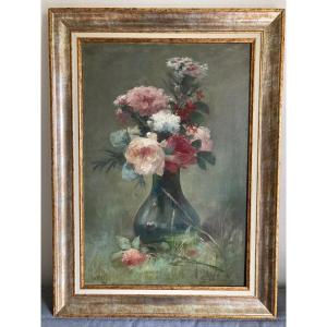 Delicate Bouquet Of Flowers 19th Century. Oil On Canvas By Pt Poirier
