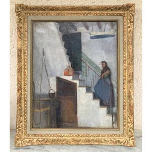 Peasant Woman In An Interior. 19th Century Impressionist Painting. Marius Michel (1853-1910)