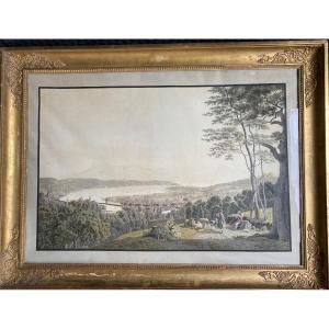 Watercolor On Engraved Line, Early 19th Century. View Of Lucernes. Switzerland.