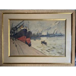 Watercolor By Louis Robert Antral. The Port Of Dunkirk.