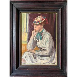 Portrait Of A Young Woman With A Hat. Canvas. Trace Of A Signature? 1940s Or 1950s.
