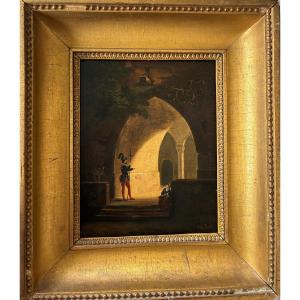 Troubadour Scene, 19th Century. Oil On Cardboard.