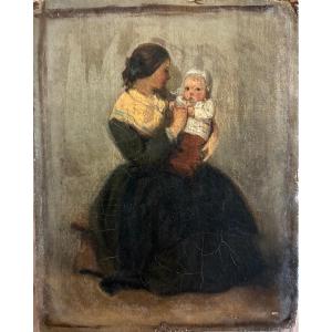 Mother And Child. Charming Small 19th Century Oil Painting On Canvas Mounted On Cardboard. 