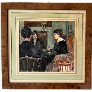 Watercolor. Card Players. Circa 1940. Unsigned.