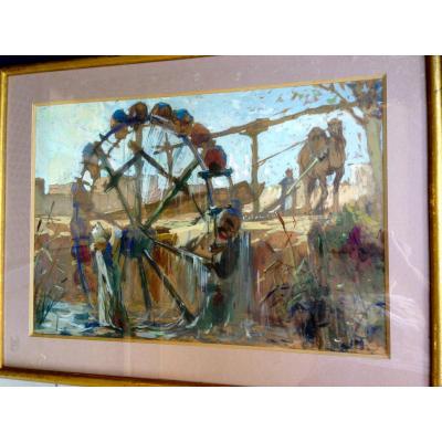 Great Orientalist Gouache. The Big Water Wheel.
