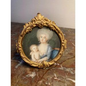 Mother And Child. 18th Century Miniature On Ivory.