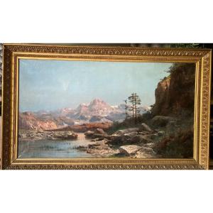 Important XIXth Canvas By émile Godchaux. Mountain Landscape.