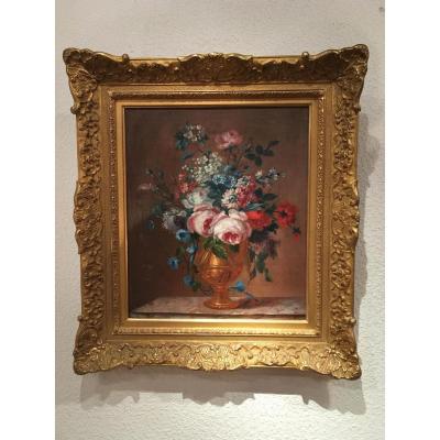 Oil On Canvas Flower Bouquet In The Taste Of Late Eighteenth 19th Time