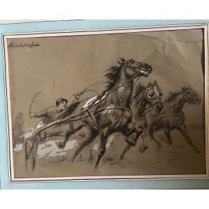 2 Drawings "horse Racing" Henri Vincent-anglade (1876-1956) 1920 