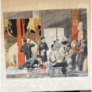 Very Beautiful Drawing By Charles Fouqueray "lacquermaking In Indochina/vietnam"