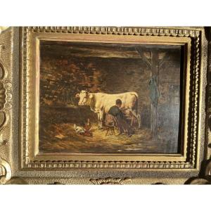 Théodore Lévigne (1848-1912): "farm Scene," Rare Oil Painting, Lyon School