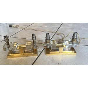 Pair Of 1930 Art Deco Bronze / Glass Moderniste Lamps