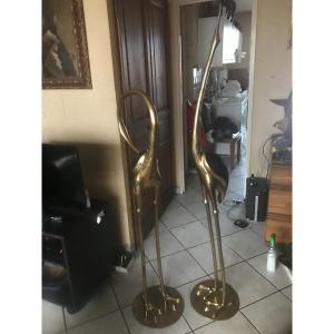 Important Pair Of Enamelled Brass Cranes 1970/1980