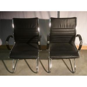 Pair Of Leather And Chrome Steel Armchairs