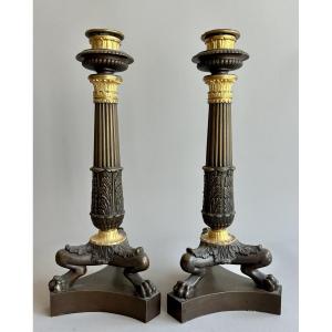 Pair Of Tripod Candlesticks In Gilt And Patinated Bronze, Empire Period