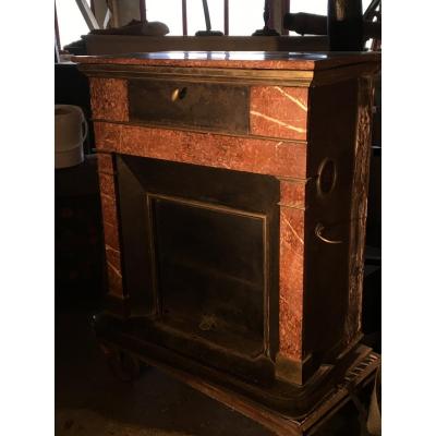Blackened Sheet Metal, Brass And Marble Fireplace