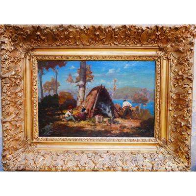 Bucherons En Forêt, Oil Wood Signed P. Marillier XIX