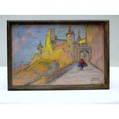 Vue sur Les Remparts de Carcassonne, Pastel De R Deletang