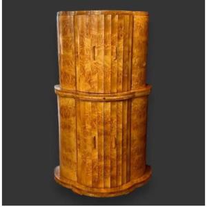 Art Deco H&l Epstein Blonde Burr Walnut Semi Circular Fluted Cocktail Cabinet Bar