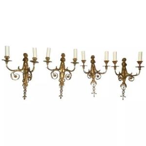 Set Of Four French Gilt Bronze Dore Two Branch Cherub Wall Sconces